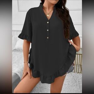 NWOT SHEIN LUNE Plus Half Button Flounce Sleeve Ruffle Hem Curved Hem Blouse